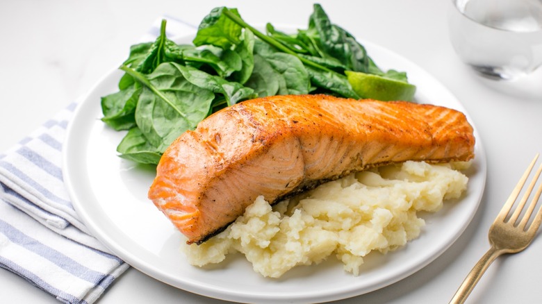 Salmon, spinach, and mashed potatoes
