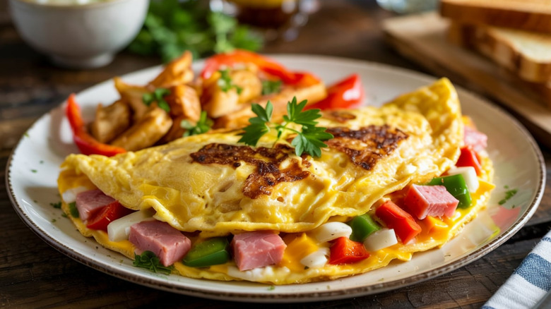 Fluffy Denver omelet with herbs on plate