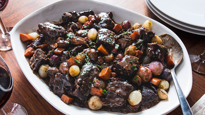 Beef Bourguinon in dish