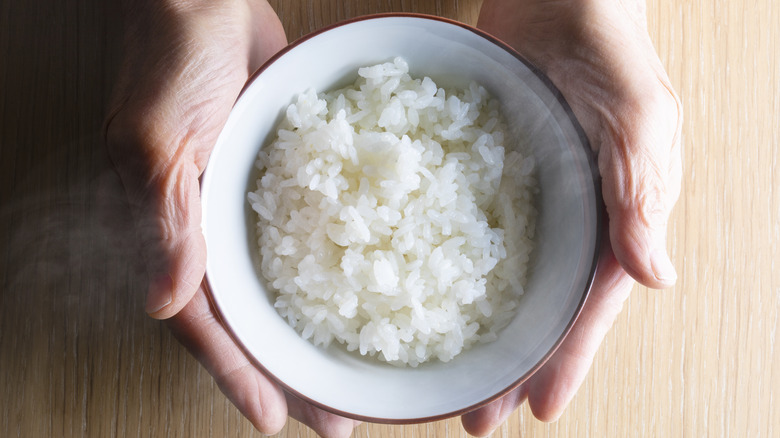 hands holding a bowl of cooked rice
