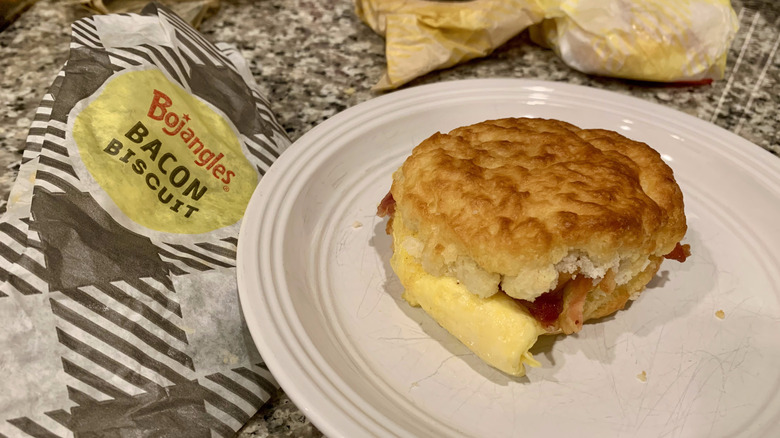 Bojangles bacon, egg, & cheese biscuit on counter