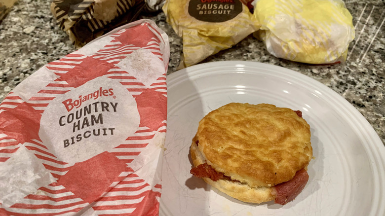 Bojangles country ham biscuit sandwich on counter