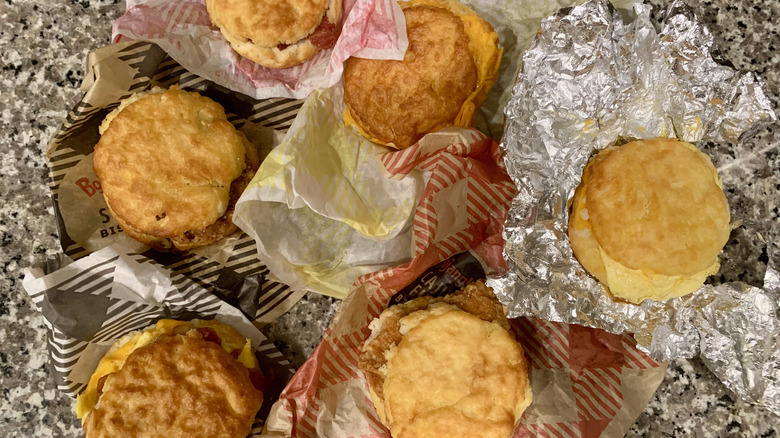 Bojangles biscuit sandwiches on kitchen counter