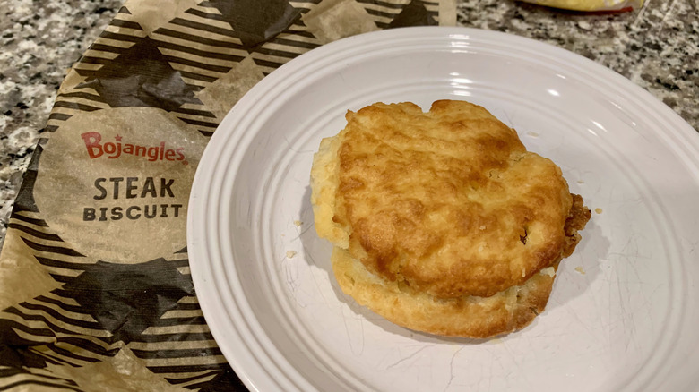 Bojangles steak biscuit sandwich on counter