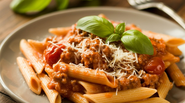 Pasta topped with Bolognese sauce
