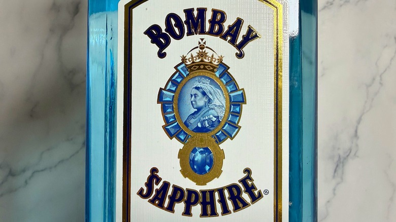 Close-up of label of Bombay Sapphire