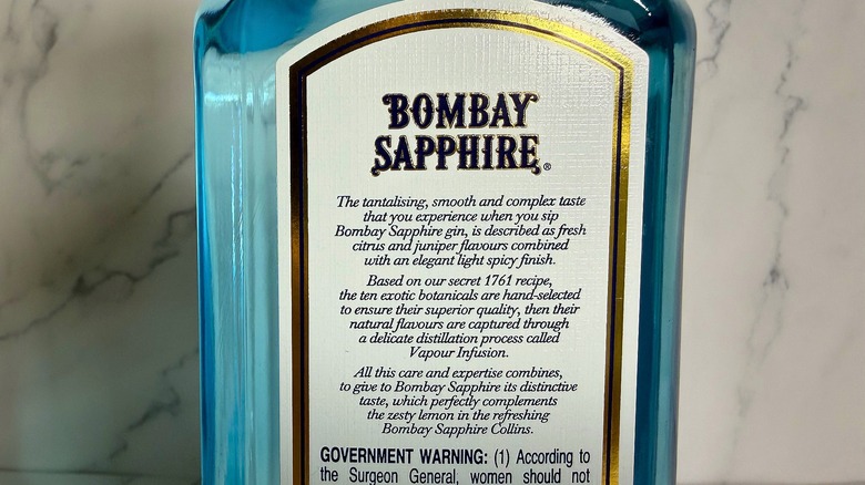 Close-up of back label on a bottle of Bombay Sapphire