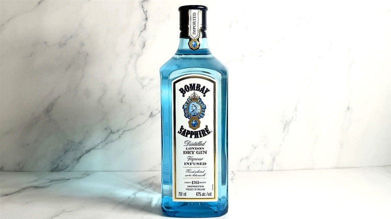 Bottle of Bombay Sapphire on marble surface