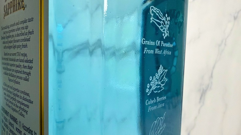 Close-up of ingredients on bottle of Bombay Sapphire