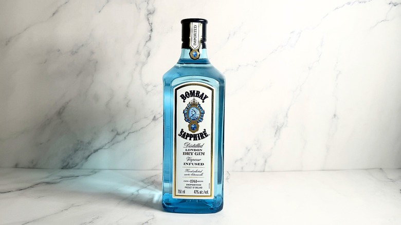 Bottle of Bombay Sapphire on marble surface