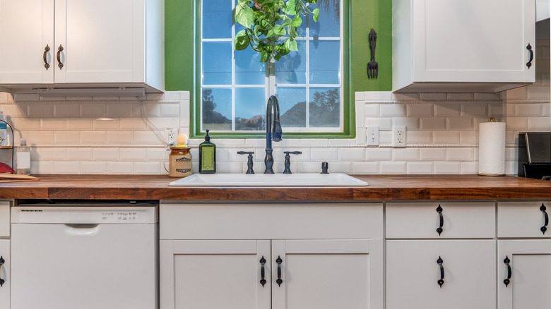 kitchen sink with faucet, white cabinets, butcher block countertop, green wall, window, and hanging plant
