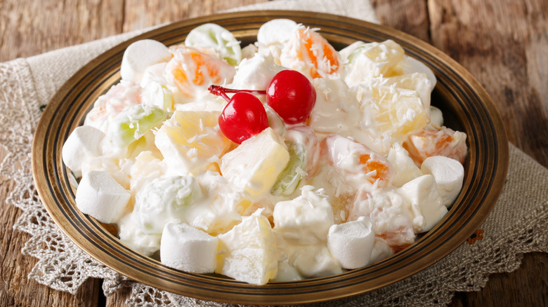 Ambrosia salad on a wooden table