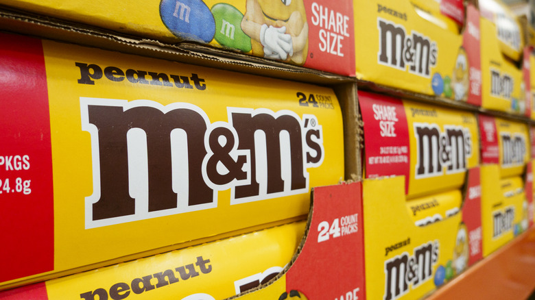 Boxes of Peanut M&M's on a store shelf