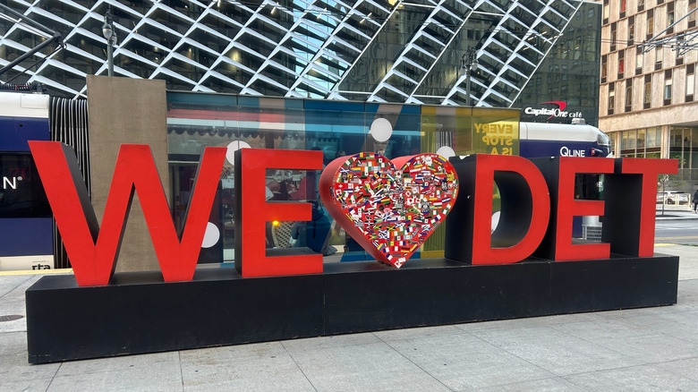 We Love Detroit sign on street in central downtown.