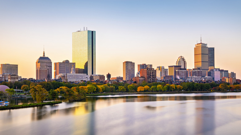 Reflection of the Boston city skyline across the Charles River