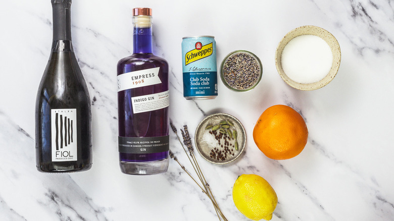 Ingredients for lavender spritz cocktail.