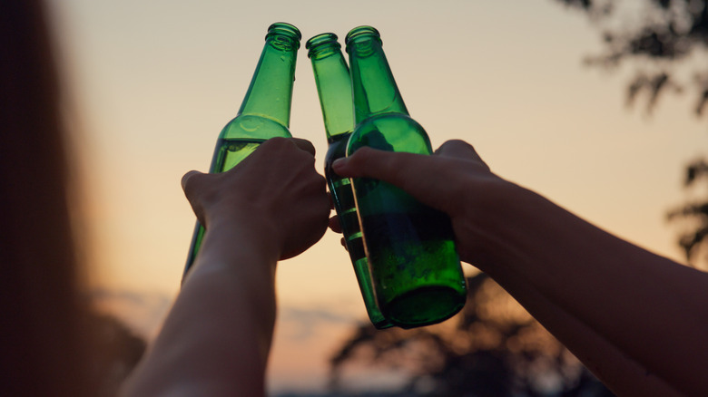 Friends cheersing glass bottles of beer with sunset in background