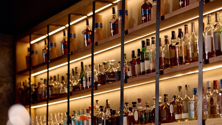 Collection of bourbon bottles on bar shelves