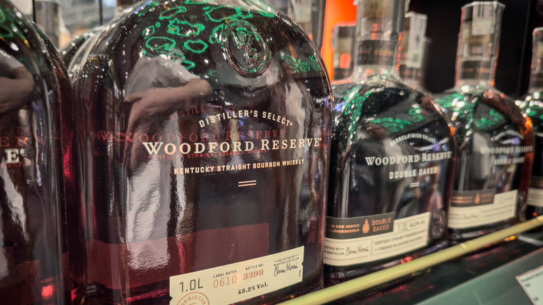 Bottles of Woodford Reserve bourbon on a shelf