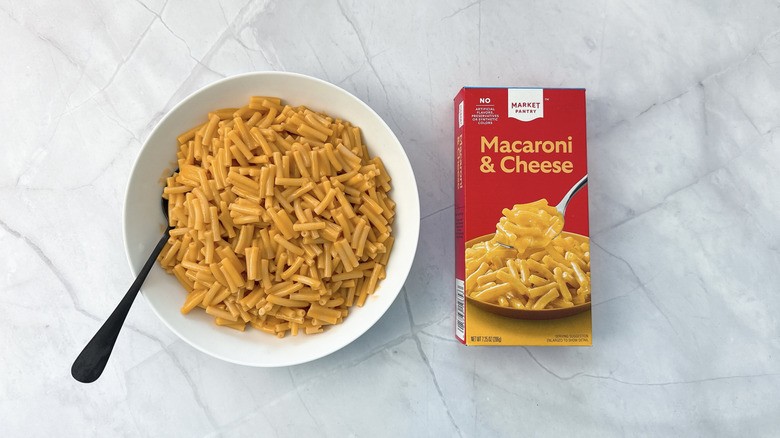 bowl of macaroni and cheese and box from market pantry