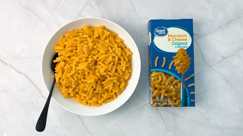 bowl of macaroni and cheese and box from Great Value
