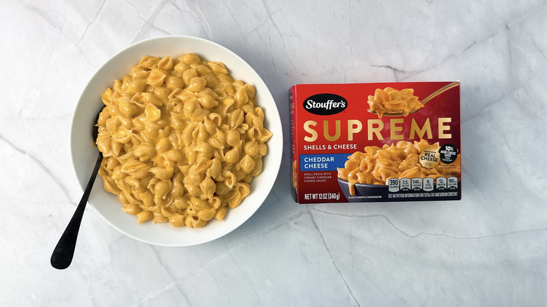 bowl of macaroni and cheese and box from Stouffer's