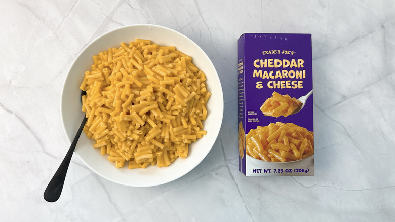 bowl of macaroni and cheese and box from Trader Joe's