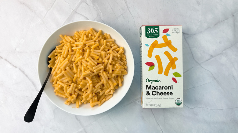 bowl of macaroni and cheese and box from 365