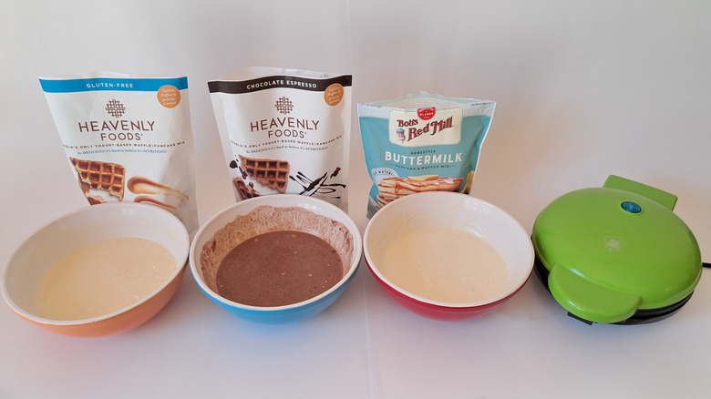 three bowls of waffle batter