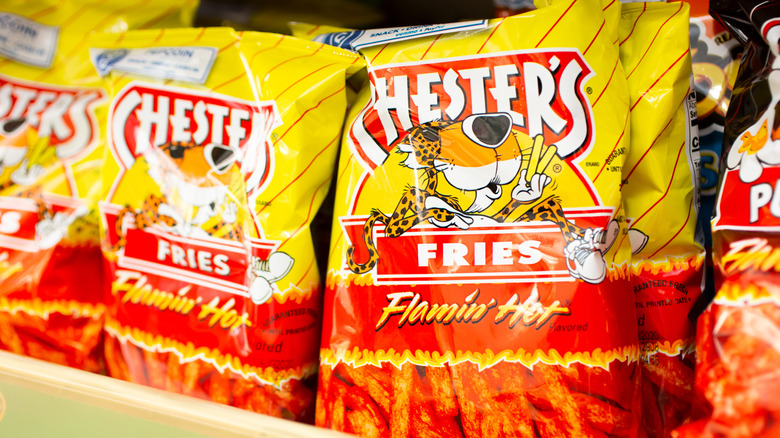 Chester's Flamin' Hot Fries on a grocery shelf