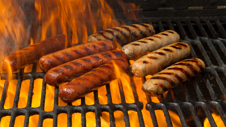 Bratwurst and Frankfurters on a grill