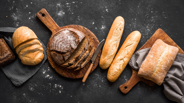 Bread loaves on wooden boards