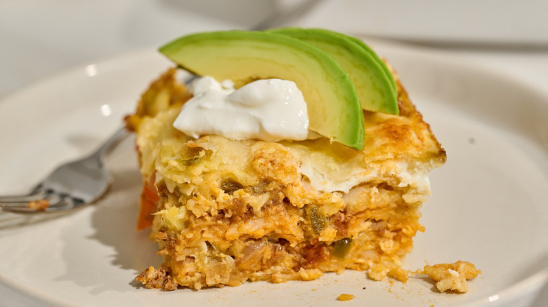slice of breakfast burrito casserole on a plate