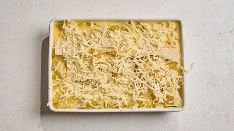 cheese sprinkled on top of casserole