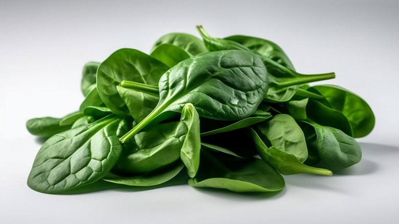 A pile of fresh spinach leaves on a gray background