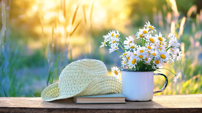 A mug with flowers and a hat
