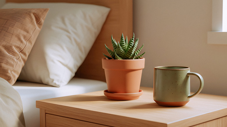 A mug and a pot on a nightstand