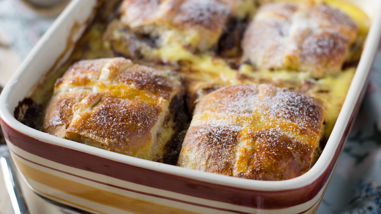 Hot cross bun pudding in baking dish