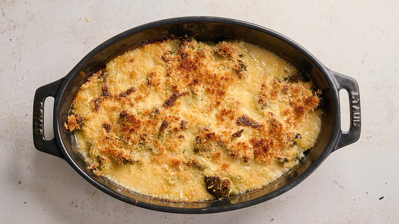 broccoli au gratin baked in a casserole dish