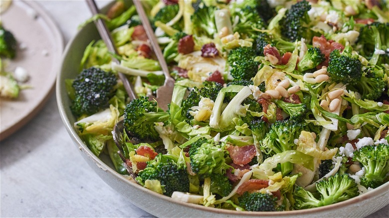 broccoli bacon and brussels salad in large bowl