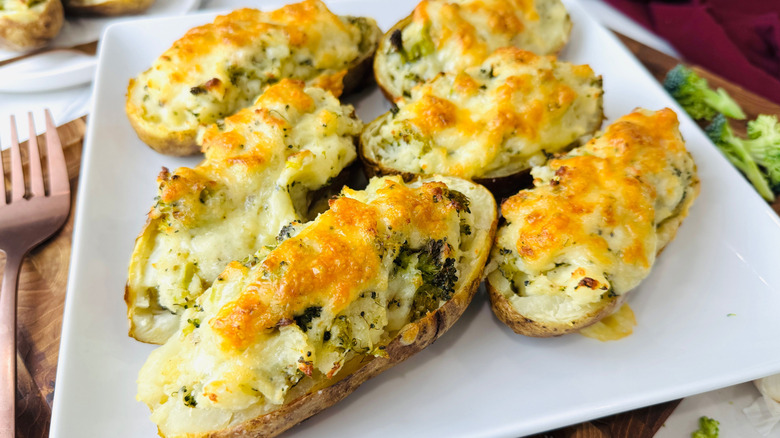 Broccoli cheddar twice baked potatoes on plate