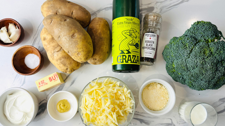 Ingredients for broccoli cheddar twice baked potatoes