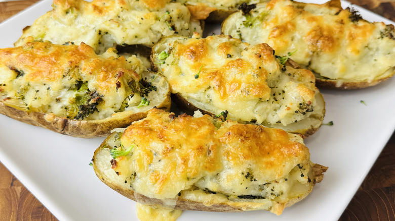 Broccoli cheddar twice baked potatoes on plate