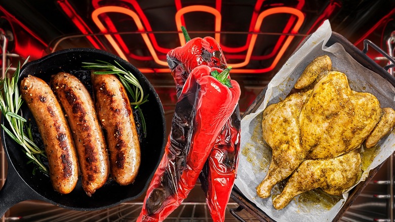 various broiler element with foods
