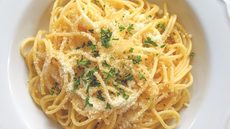 spaghetti parmesan on plate