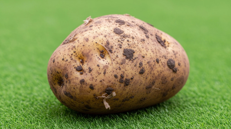A potato with brown spots on the outside
