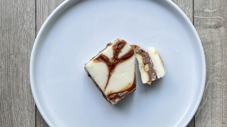 Slice of praline fudge on a plate