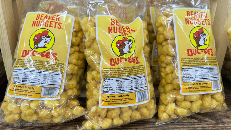 Bags of Buc-ee's Beaver Nuggets on a shelf