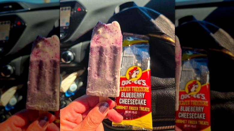 Hand holding Buc-ee's Blueberry Cheesecake Frozen Treat bar with packaging
