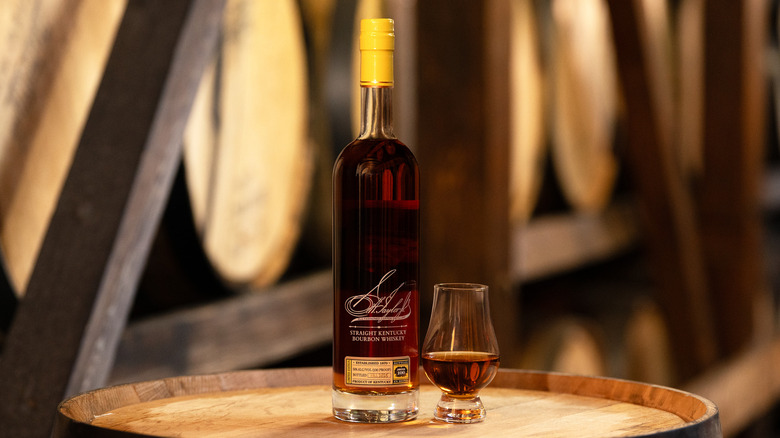 glencarin glass of E.H. Taylor with bottle in barrel room, Buffalo Trace Antique Collection 2025